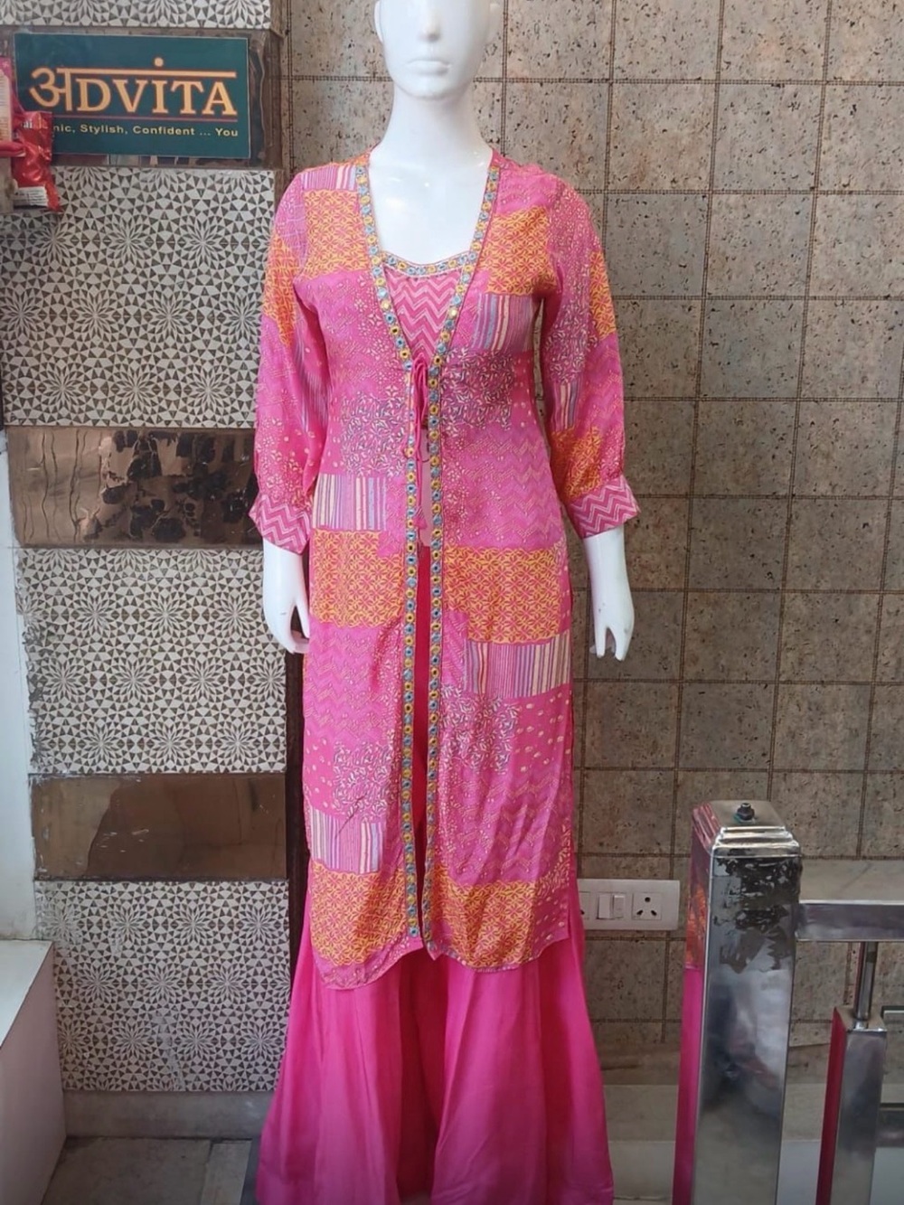 Advita Pink and Orange Patchwork palazzo set with Jacket and crop top